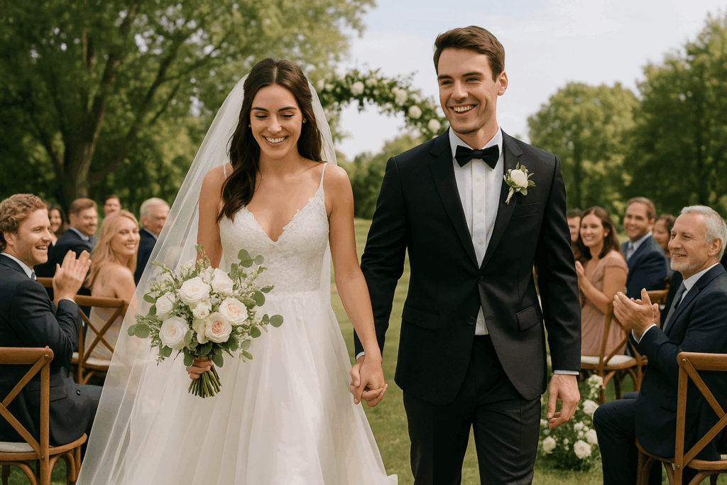 新人在戶外婚禮上手牽手步出儀式通道，賓客鼓掌祝福