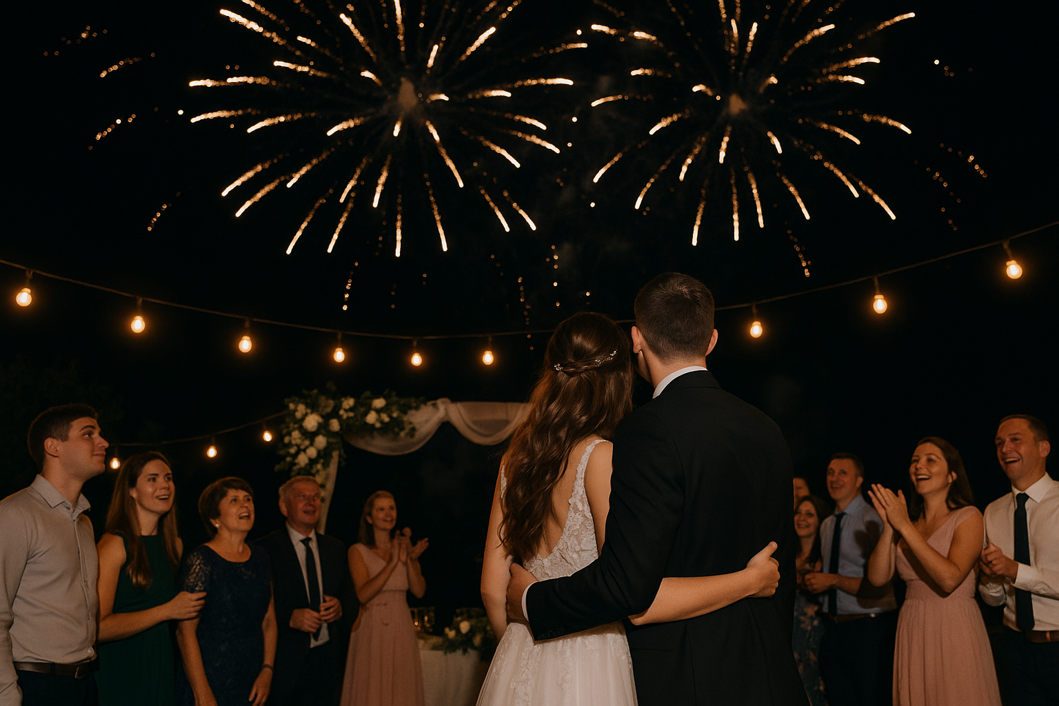 新人相擁仰望夜空，煙火在眾人祝福中綻放